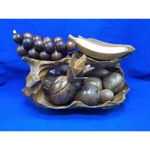 Vintage MCM Monkey Pod Wooden Fruit and Stand